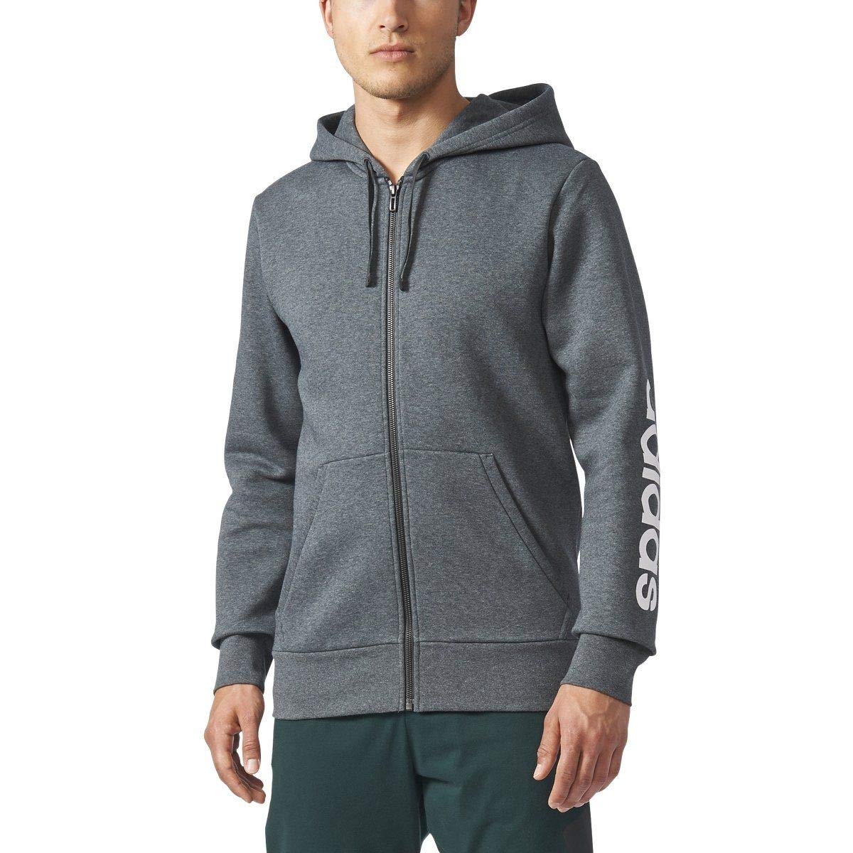 adidas Men's Essentials Linear Full-Zip Fleece Hooded Jacket (Dark Gray Heather, 2XL)