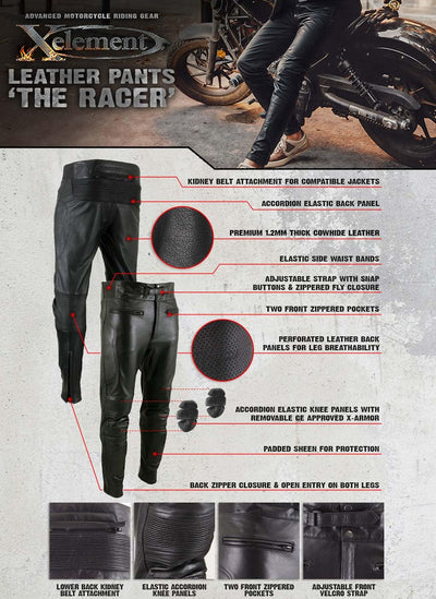 Xelement B7466 Men's 'The Racer' Black Cowhide Leather Racing Pants with X-Armor Protection - 44