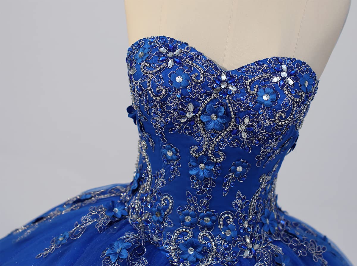 Long Sweetheart Quinceanera Dresses for Women Strapless Corset with Floral Appliques Beaded Tulle Prom Dress 4 Royal Blue