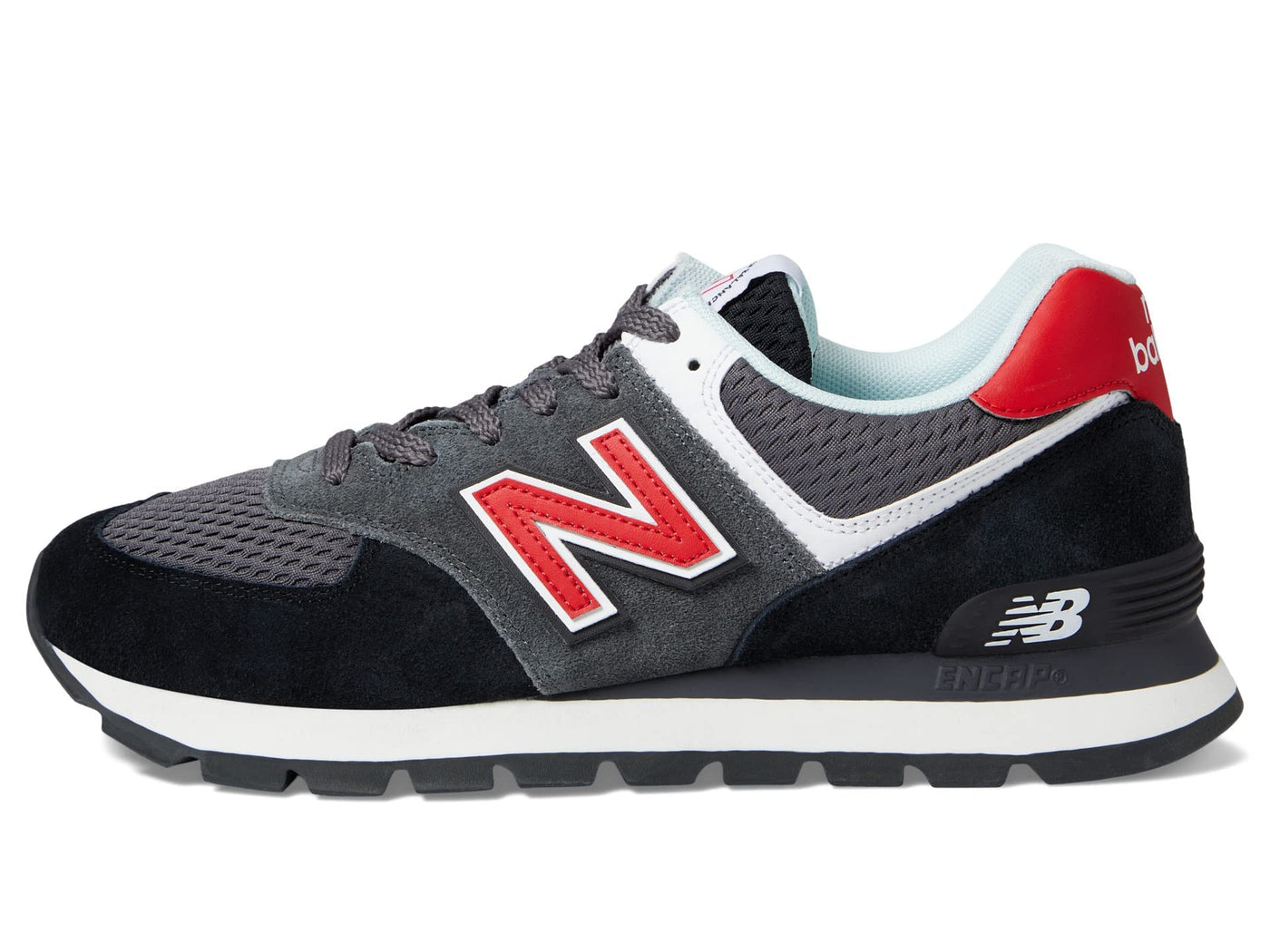 New Balance Classics 574D Rugged Sneakers for Men - Low Top Silhouette and Breathable Textile Lining Black/Red 2 13 D - Medium