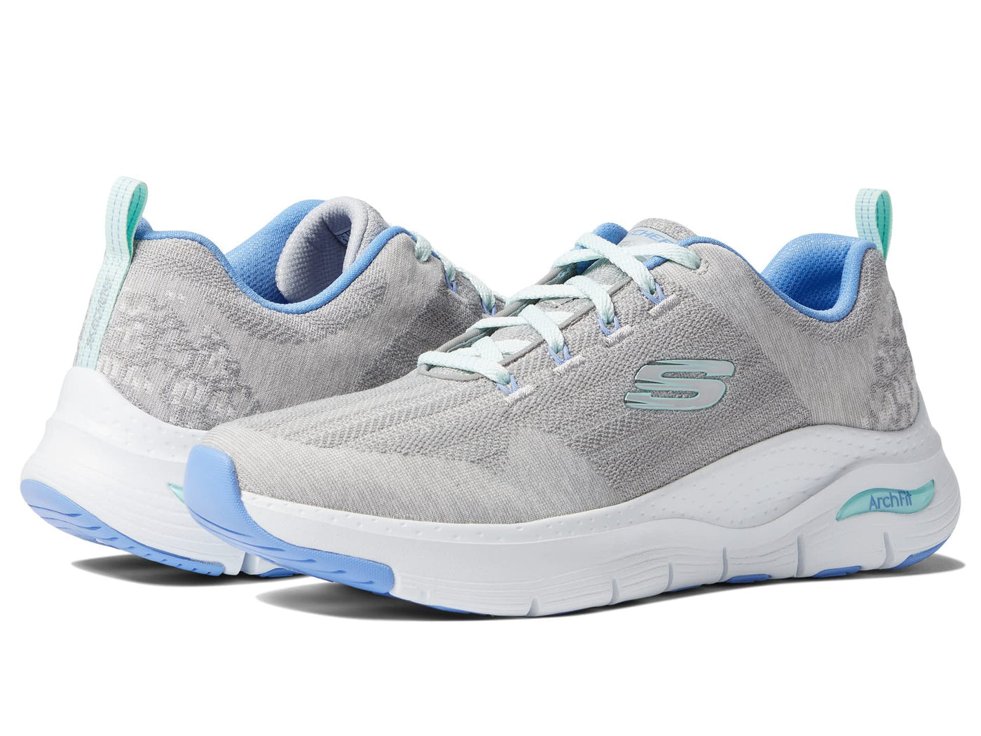 Skechers Arch Fit Comfy Wave Sneakers for Women - Mesh Knit Fabric Upper, Air Cooled Design, Lightweight and Durable Sneakers Light Grey/Blue 7.5 B - Medium