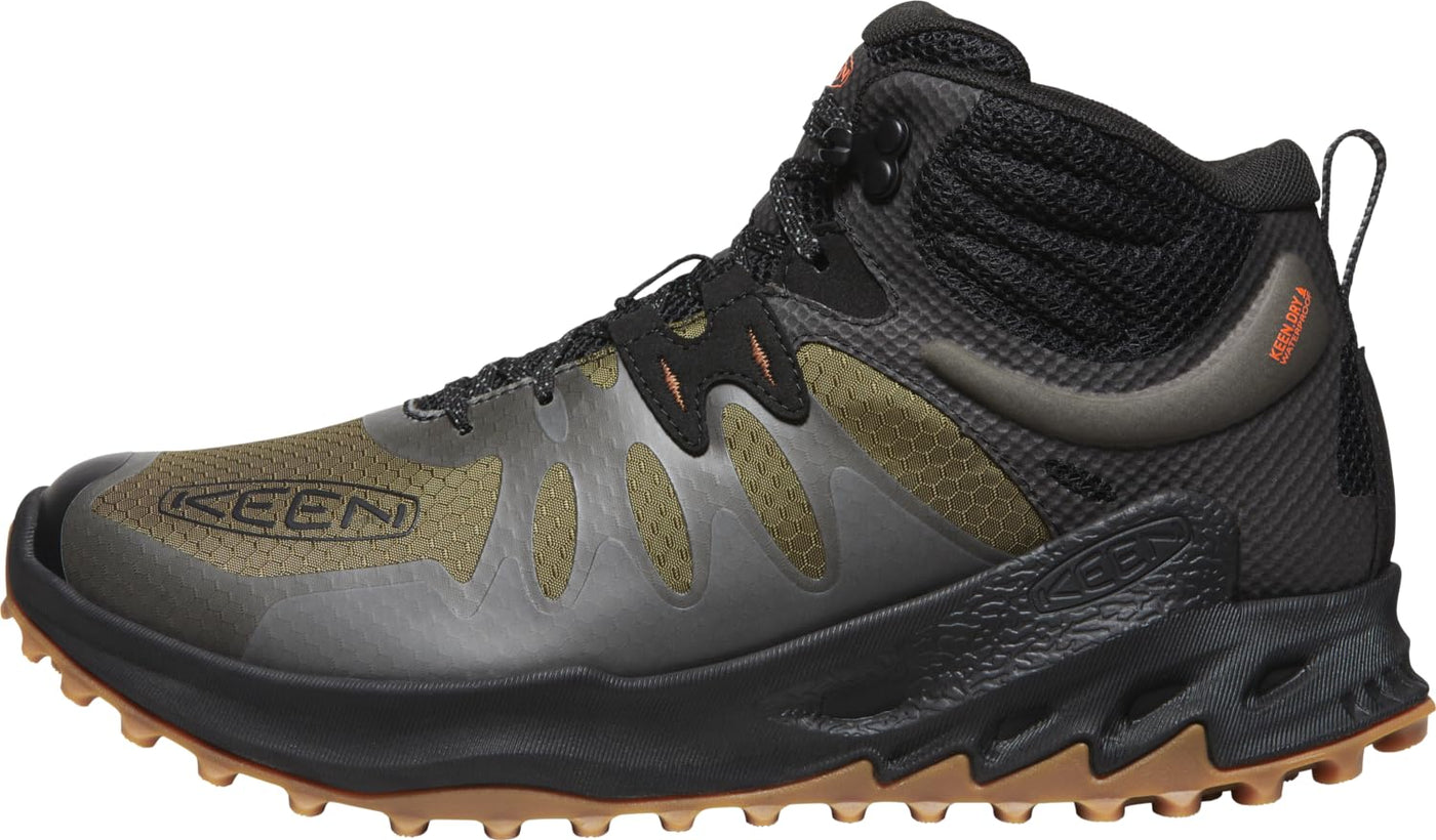 KEEN Men's Zionic Mid Height Waterproof All Terrain Hiking Boots Dark Olive/Scarlet Ibis 8