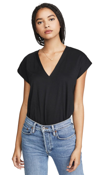 FRAME Women's Le Mid Rise V Neck Tee Small Noir