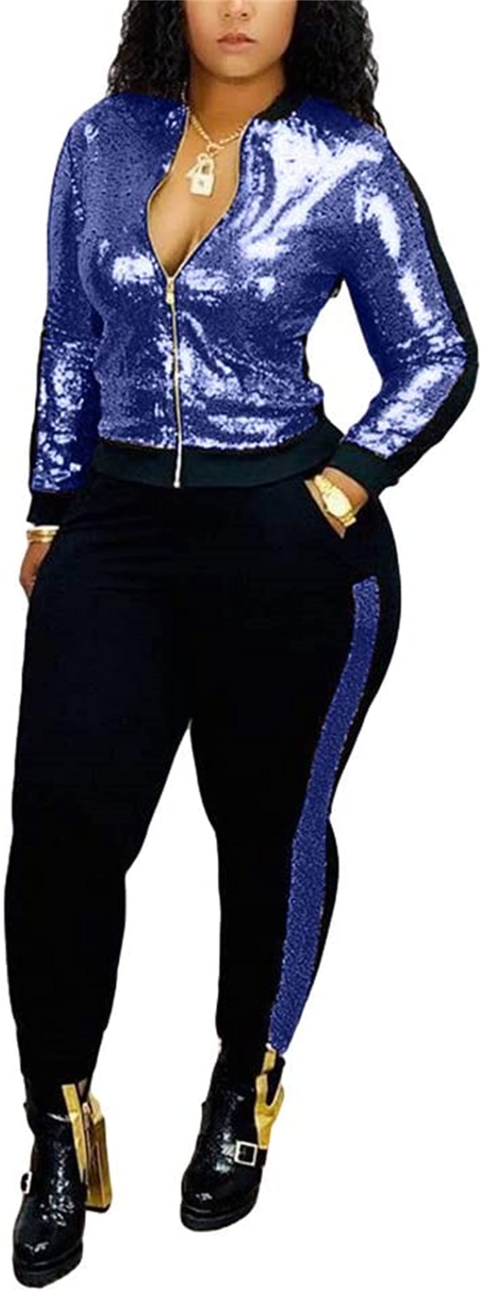 Women 2 Piece Glitter Sequin Outfits Tracksuit Zip Up Bomber Jacket Jogger Pants Pockets Metallic Jacket and Pant Set (Blue,XX-Large)