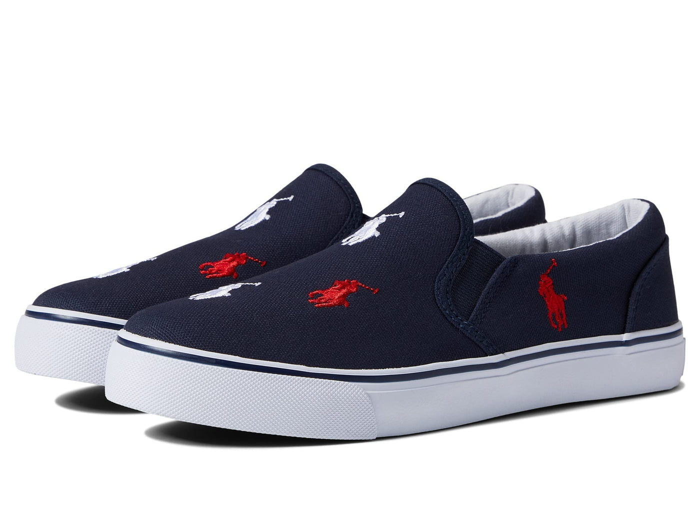 POLO RALPH LAUREN Boy's Keaton Slip-On (Big Kid) Navy Canvas/Red/White Repeat Player Pony 5 Big Kid M