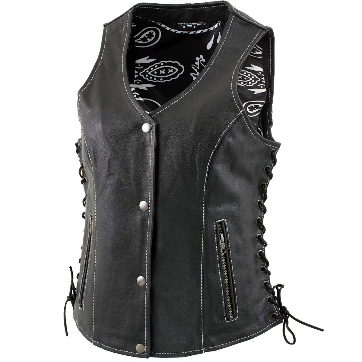 Xelement XS1029 Women's 'Paisley' Black Motorcycle Leather Vest with Side Lace Adjustment - X-Large