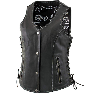 Xelement XS1029 Women's 'Paisley' Black Motorcycle Leather Vest with Side Lace Adjustment - X-Large