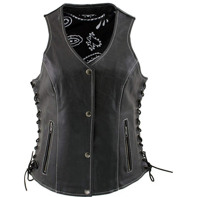 Xelement XS1029 Women's 'Paisley' Black Motorcycle Leather Vest with Side Lace Adjustment - X-Large