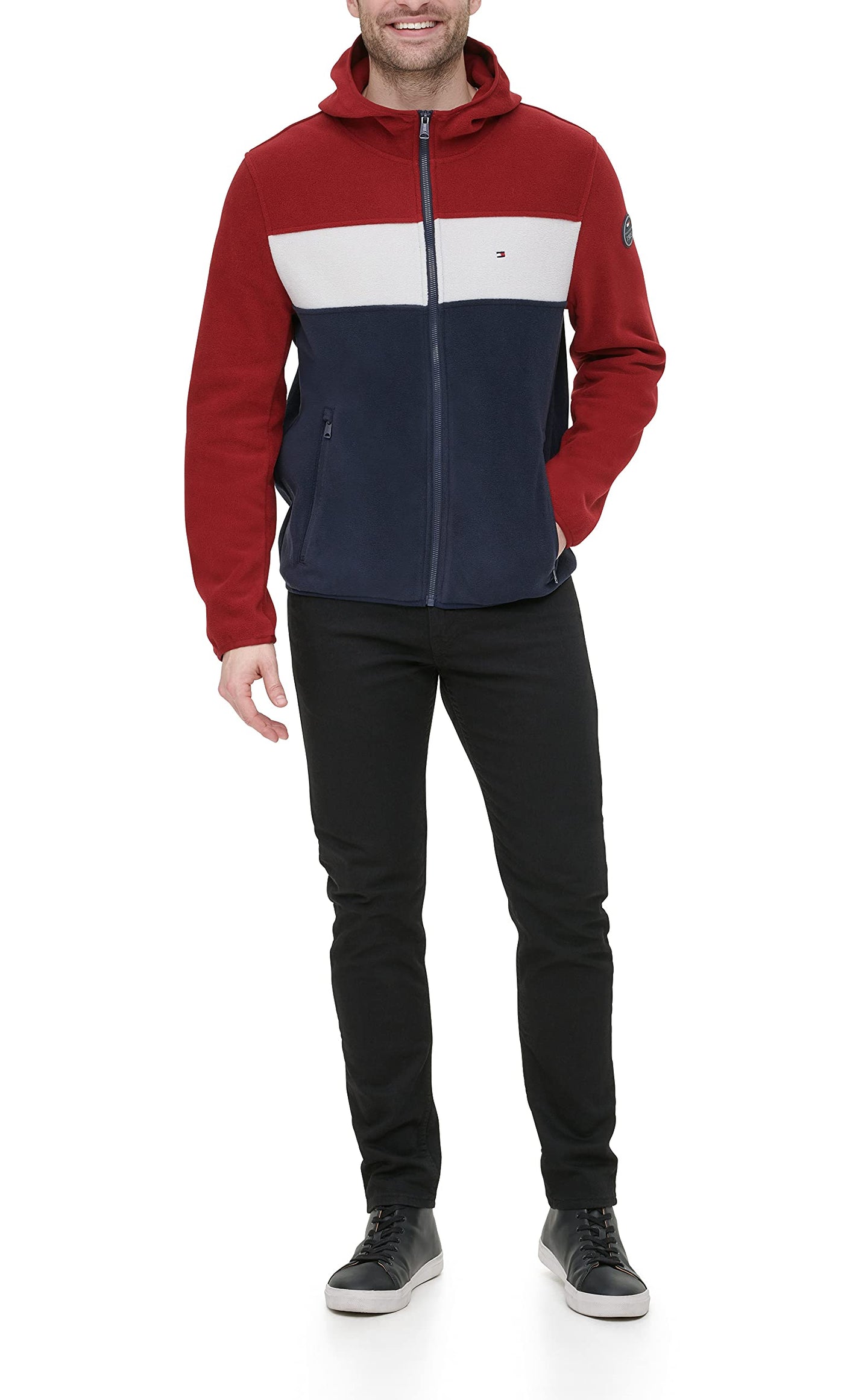 Tommy Hilfiger Men's Hooded Performance Fleece Jacket, red/ice/navy, X-Large