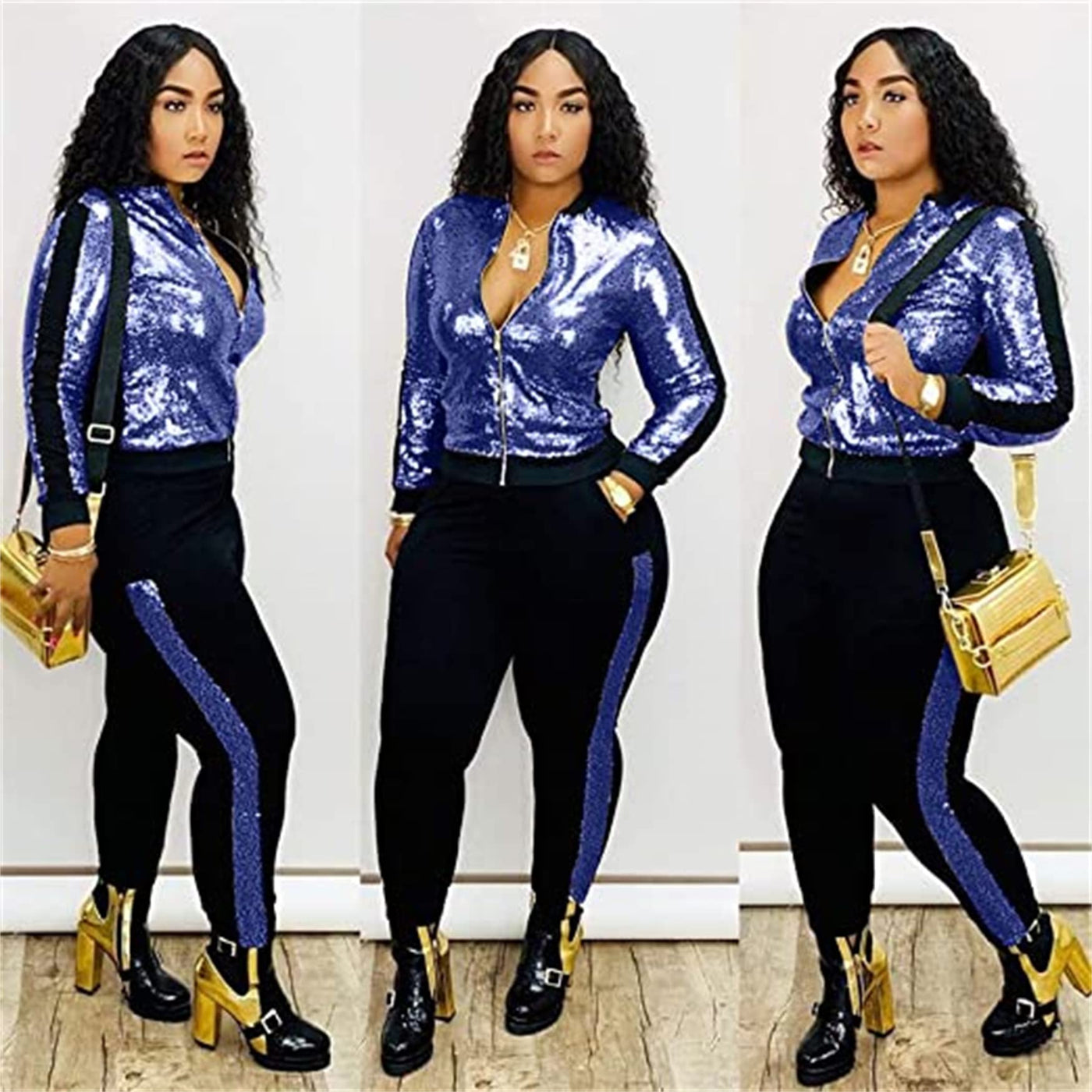 Women 2 Piece Glitter Sequin Outfits Tracksuit Zip Up Bomber Jacket Jogger Pants Pockets Metallic Jacket and Pant Set (Blue,XX-Large)