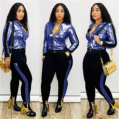 Women 2 Piece Glitter Sequin Outfits Tracksuit Zip Up Bomber Jacket Jogger Pants Pockets Metallic Jacket and Pant Set (Blue,XX-Large)