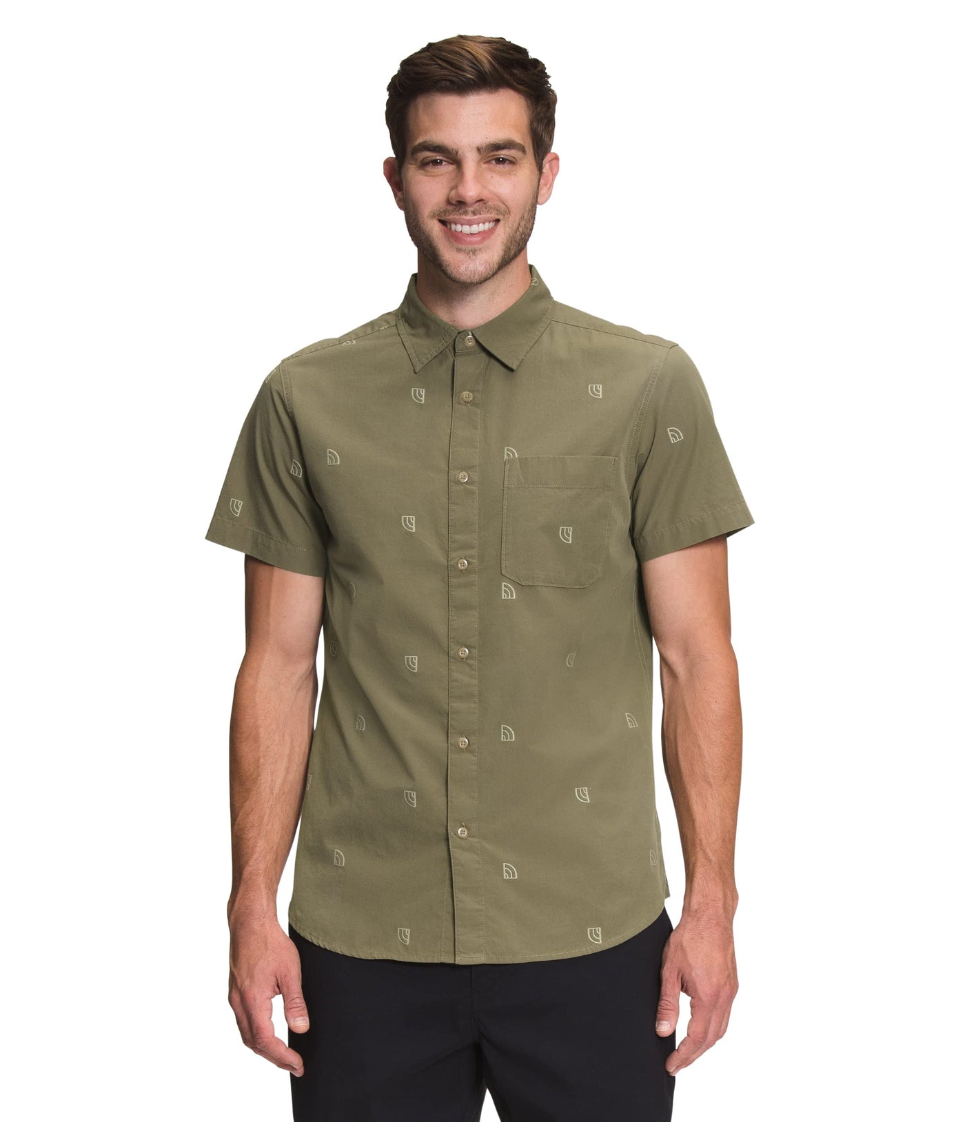 THE NORTH FACE Men's Baytrail Jacquard Button-Down Short-Sleeve Shirt, Burnt Olive Green Half Dome Knockout Print, Large