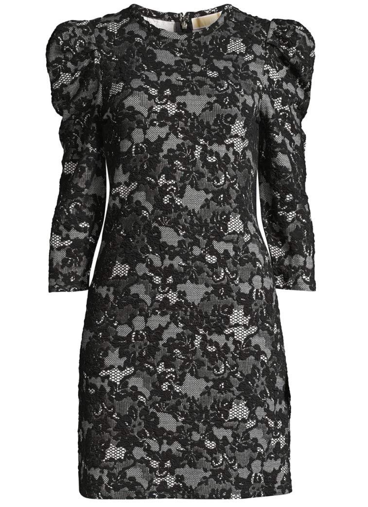 Michael Michael Kors Women's Lace Print Sheath Stretch Dress, Bone/Black (Small)