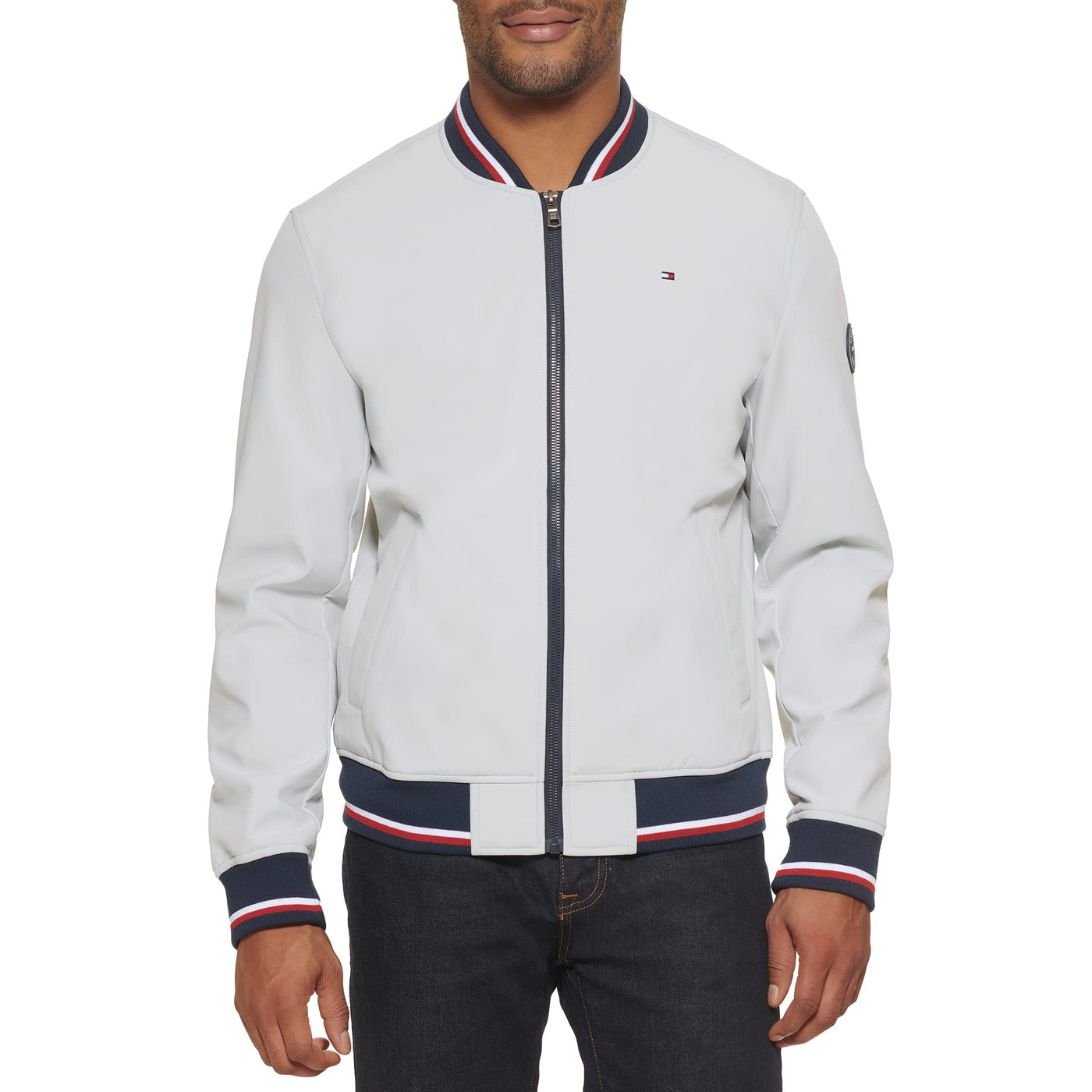 Tommy Hilfiger Men's Lightweight Varsity Rib Knit Bomber Jacket, Ice soft shell, XX-Large