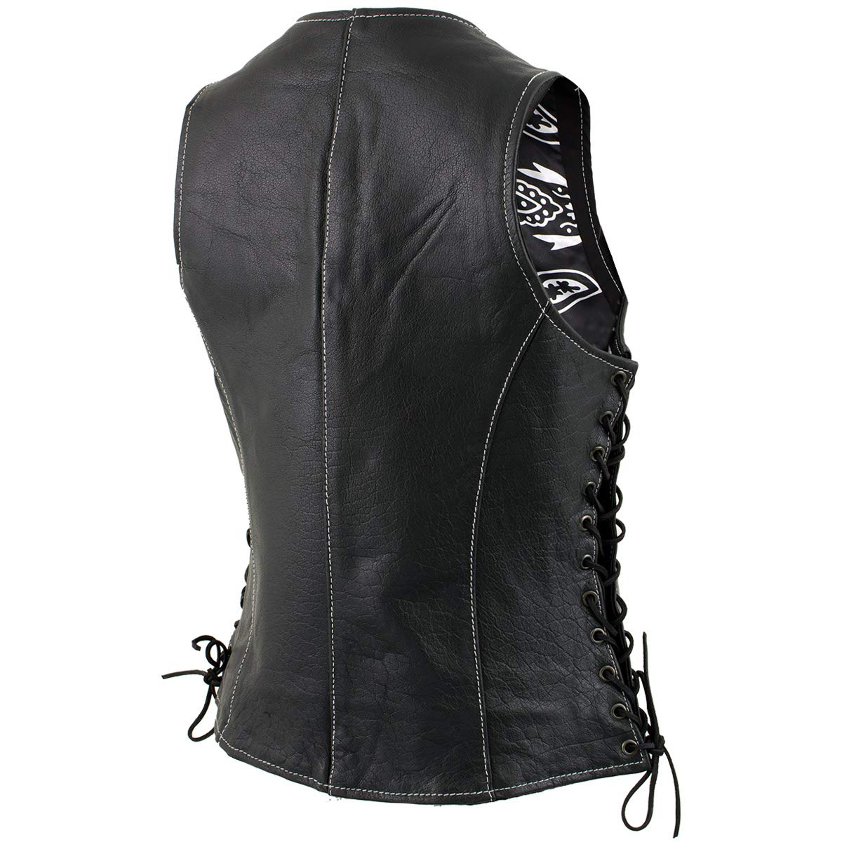 Xelement XS1029 Women's 'Paisley' Black Motorcycle Leather Vest with Side Lace Adjustment - X-Large