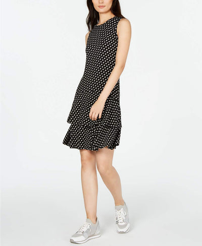 Michael Michael Kors Women's Plus Size Sliced Dot Printed Ruffled Flounced A-Line Sleeveless Dress, Black/Bone 1X