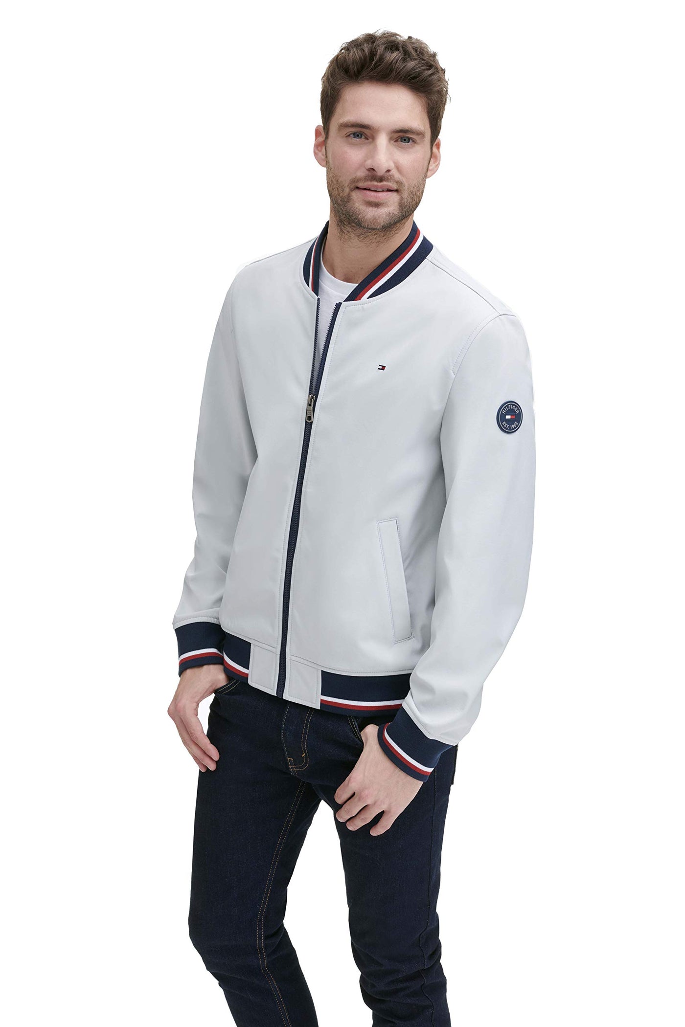 Tommy Hilfiger Men's Lightweight Varsity Rib Knit Bomber Jacket, Ice soft shell, XX-Large