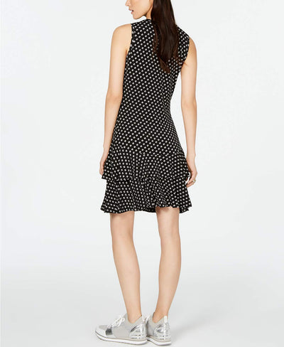 Michael Michael Kors Women's Plus Size Sliced Dot Printed Ruffled Flounced A-Line Sleeveless Dress, Black/Bone 1X
