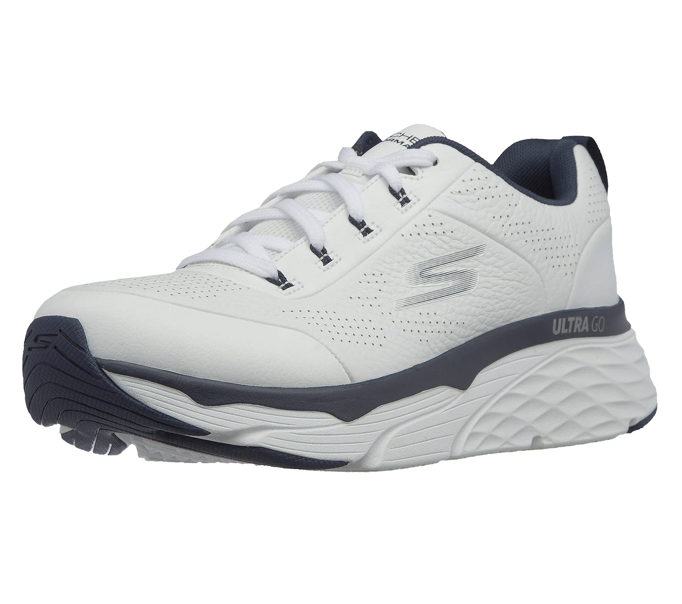 Skechers Men's Max Cushioning Elite Lucid-Athletic Leather Cross-Training Tennis Shoe Sneaker, White/Navy, 8.5