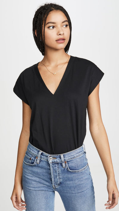 FRAME Women's Le Mid Rise V Neck Tee Small Noir