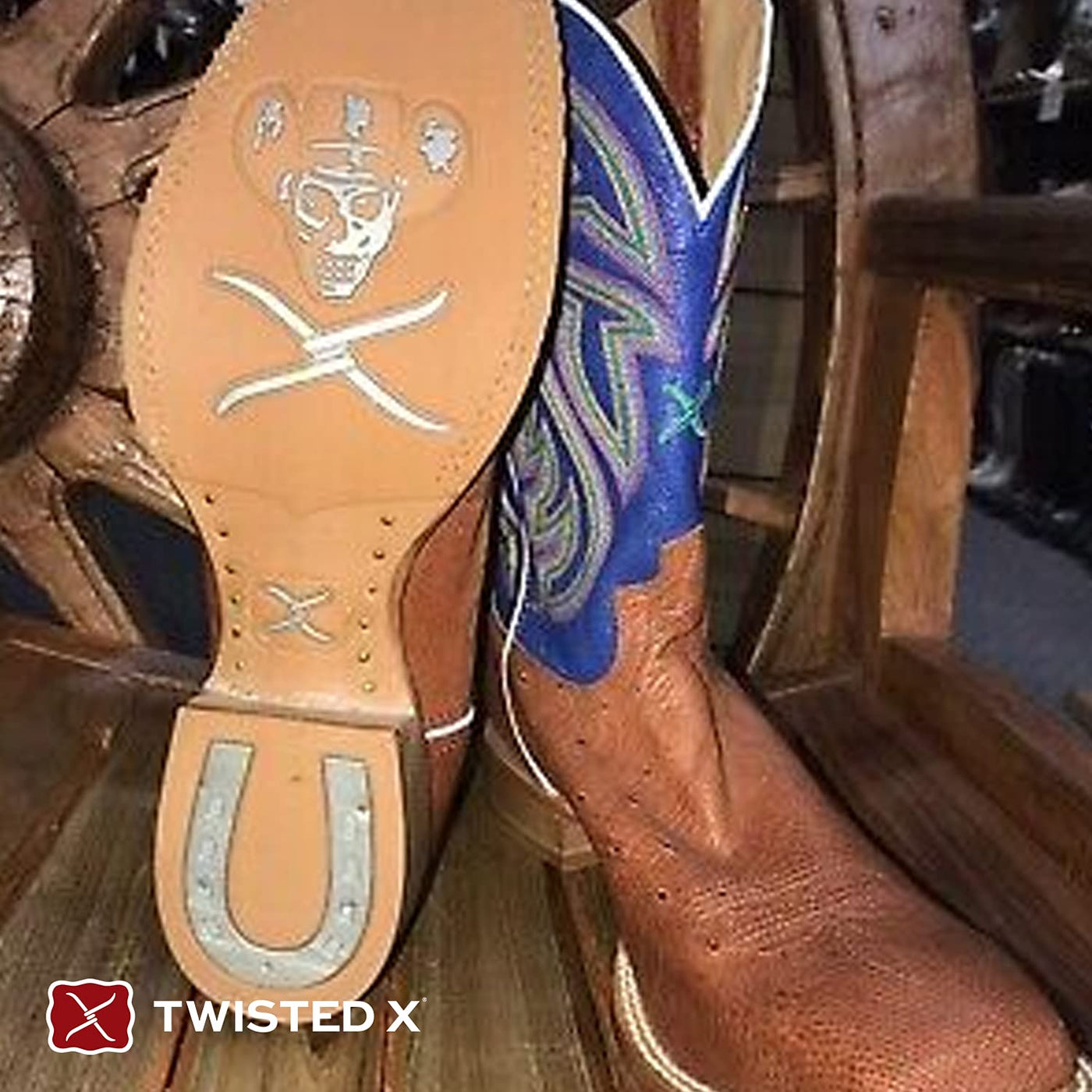 Twisted X Men's 12" Hooey Boot, New Wide Square Toe, Cognac Bullhide & Neon Blue, 11 EE