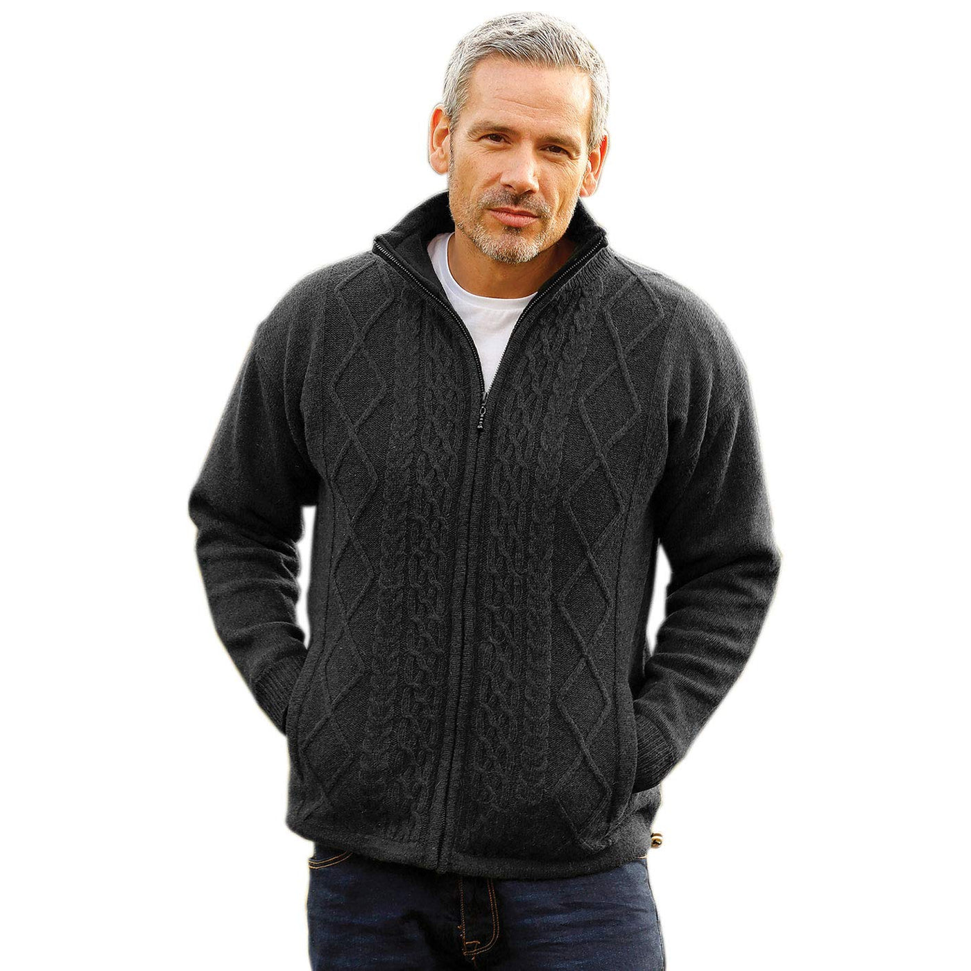 Men's Irish Wool Full Zip Sweater, Aran Stitched, Fully Lined, Front Pockets (US, Alpha, Medium, Regular, Regular, Gray)