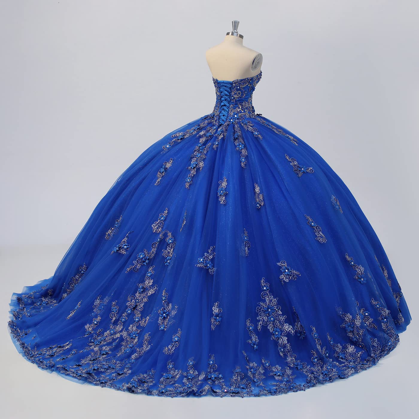Long Sweetheart Quinceanera Dresses for Women Strapless Corset with Floral Appliques Beaded Tulle Prom Dress 4 Royal Blue