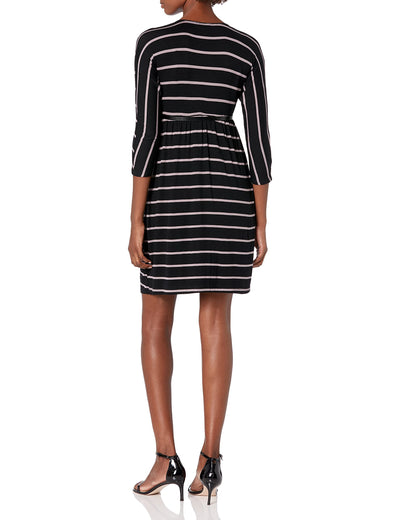 Three Seasons Maternity Women's Maternity 3/4 Sleeve Surplice Belted Stripe Dress, Black/Mocha, Large