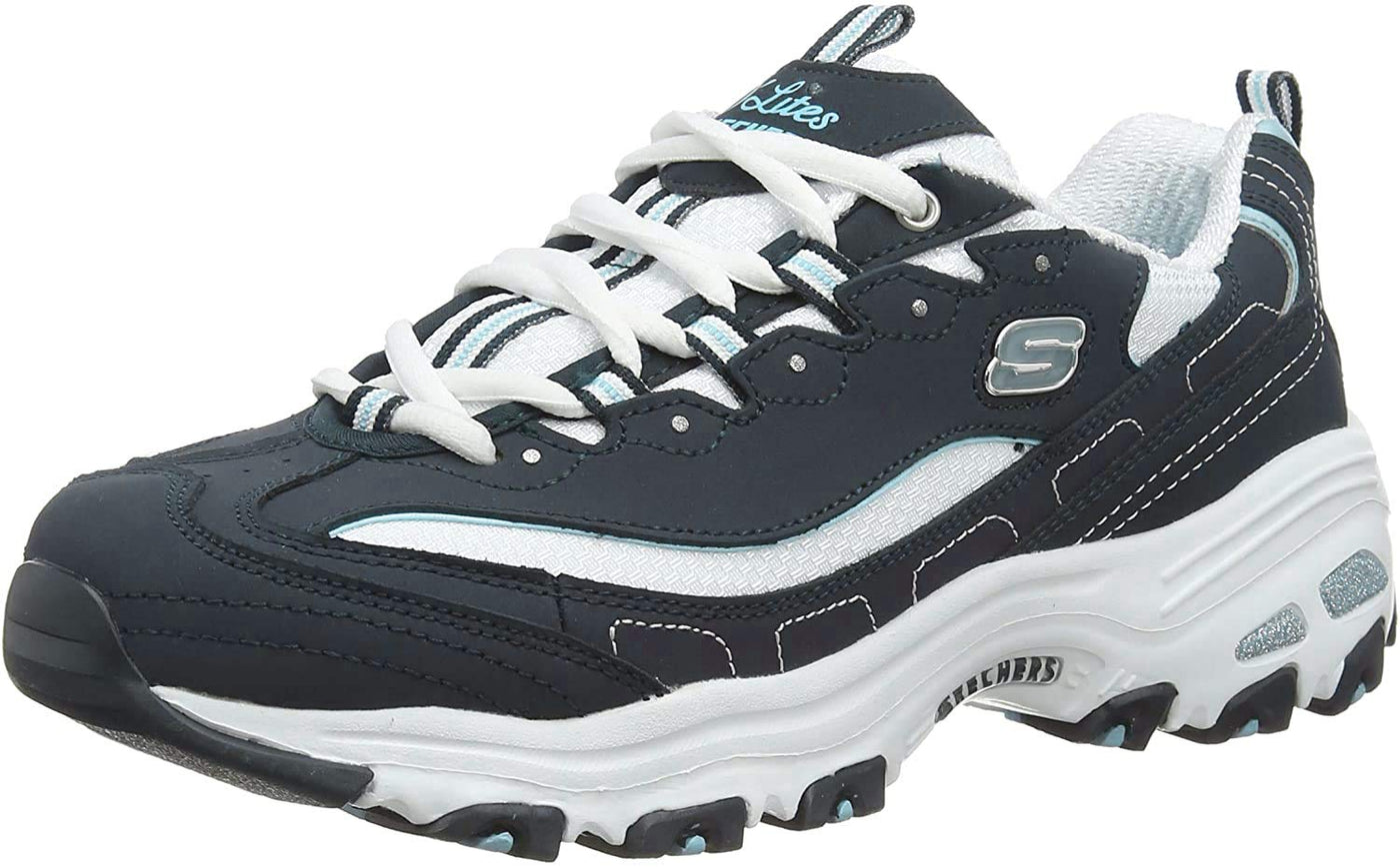 Skechers Womens D'Lites - Life Saver Memory Foam Lace-up Sneaker, Navy/White, 10 W