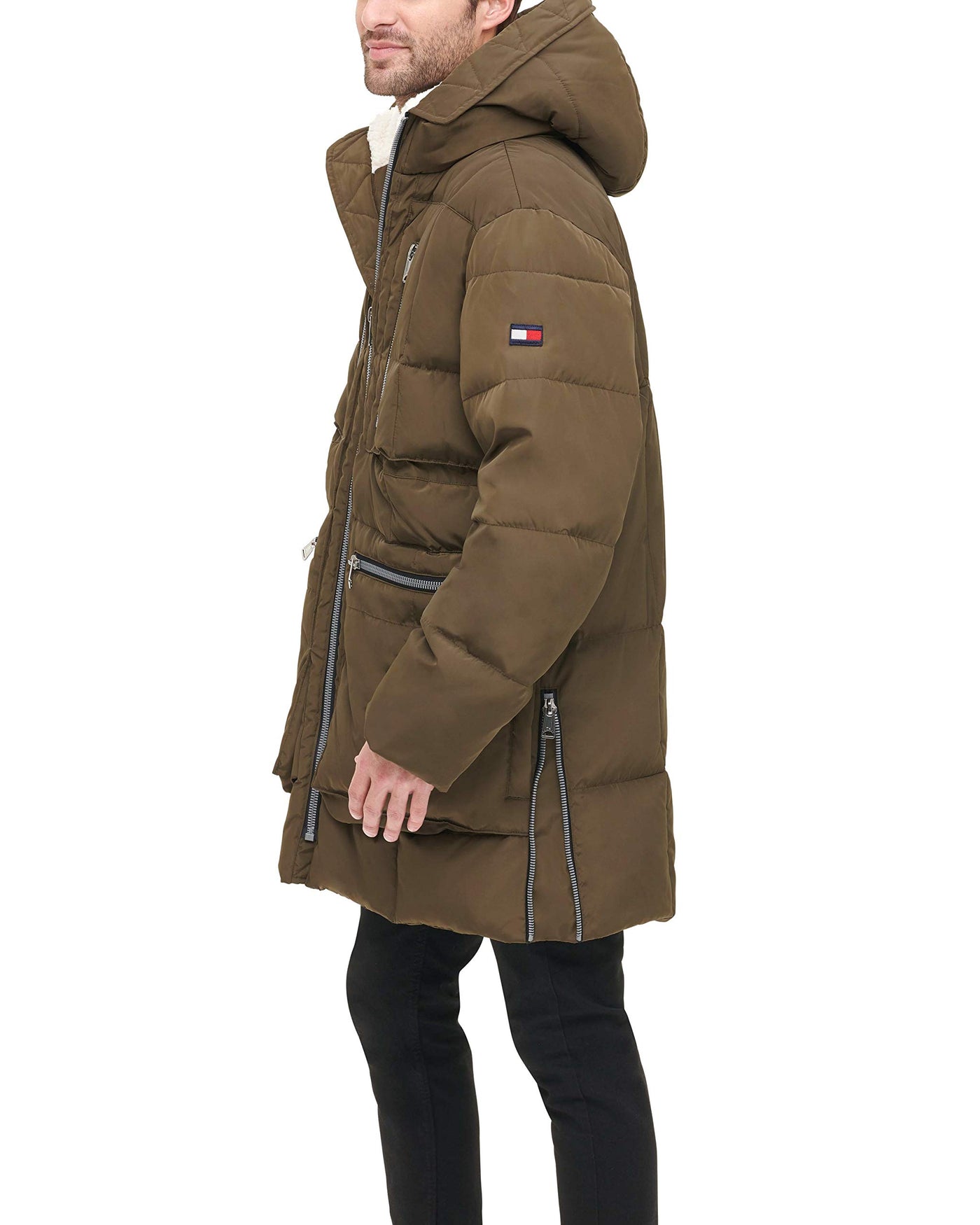 Tommy Hilfiger Men's Heavyweight Quilted Sherpa Hooded Parka, Army Green, Large