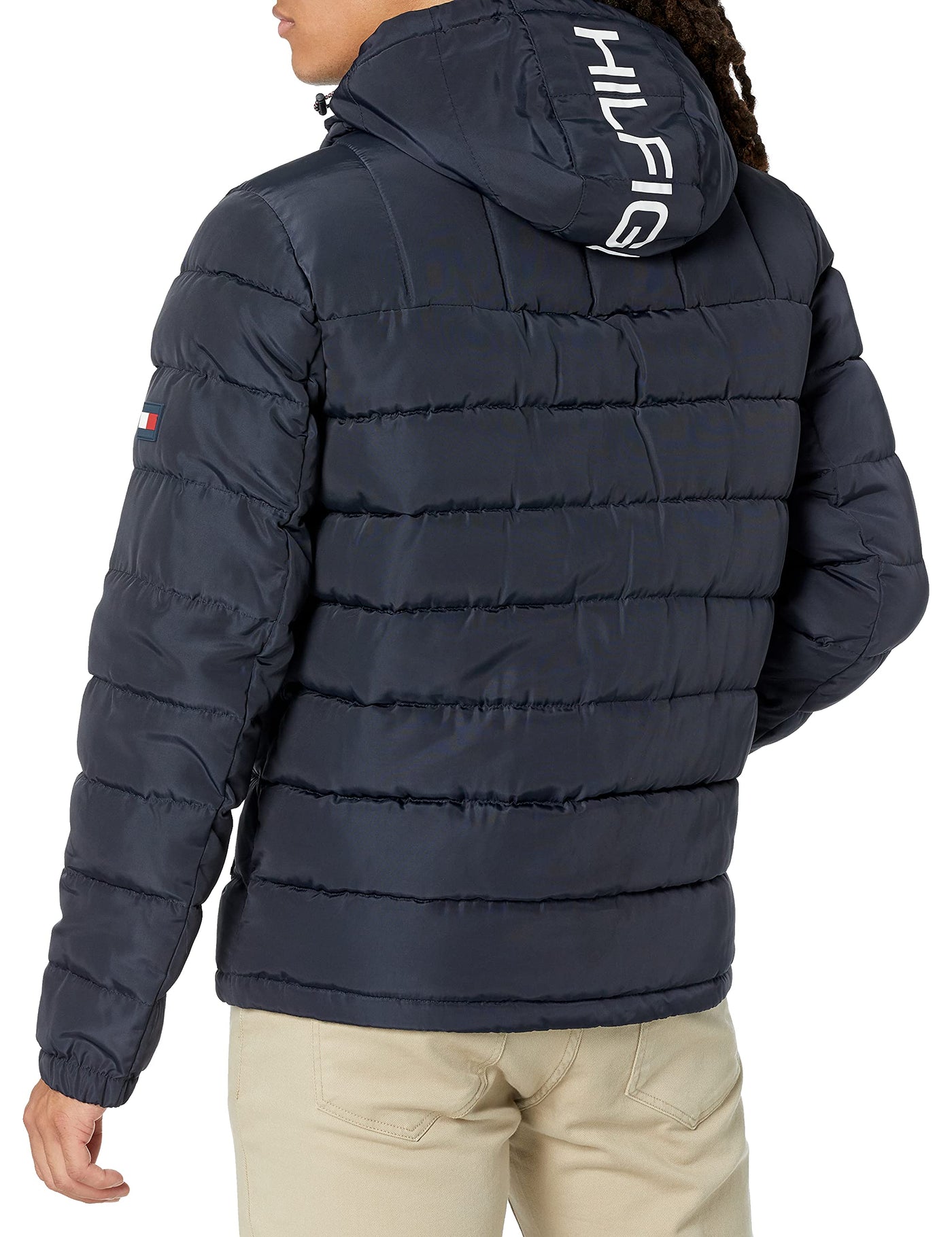 Tommy Hilfiger Men's Midweight Sherpa Lined Hooded Water Resistant Puffer Jacket, Tommy Flag Combo Tech, Medium