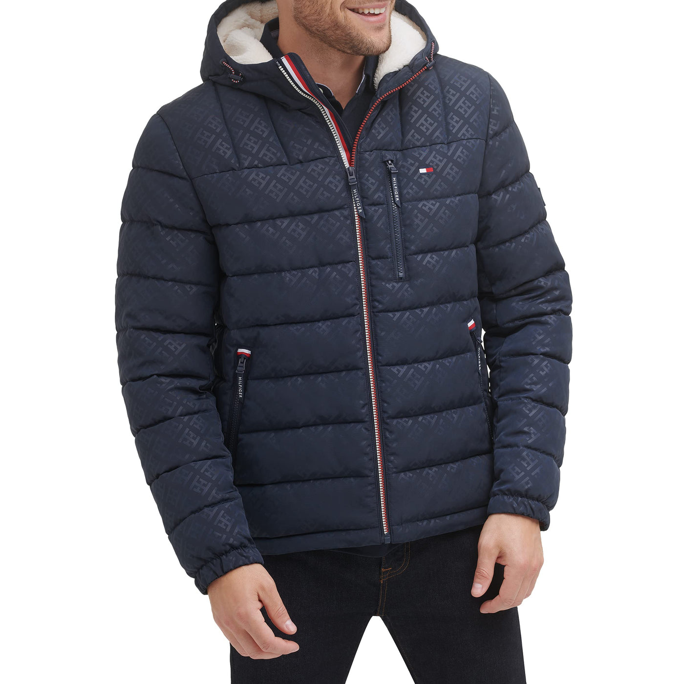 Tommy Hilfiger Men's Midweight Sherpa Lined Hooded Water Resistant Puffer Jacket, Tommy Logo Tech, XX-Large