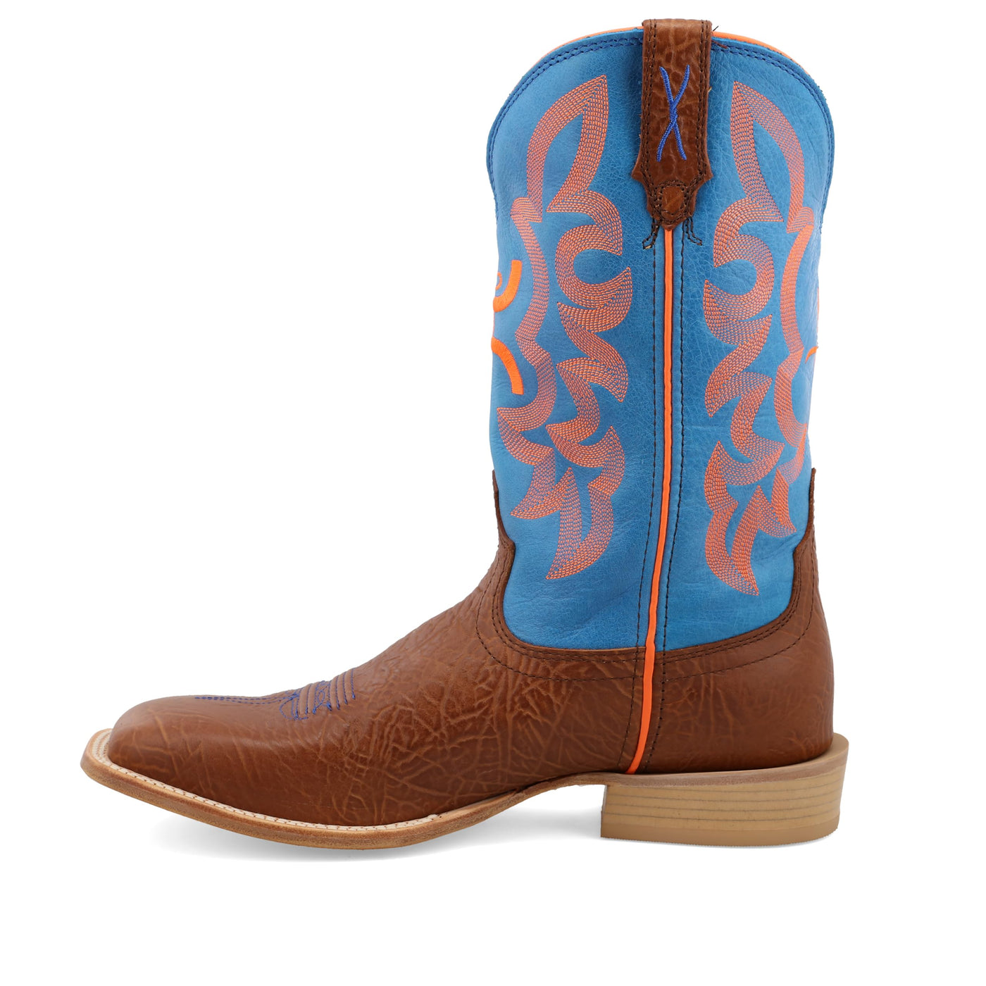 Twisted X Men's 12" Hooey Boot, New Wide Square Toe, Cognac Bullhide & Neon Blue, 11 EE