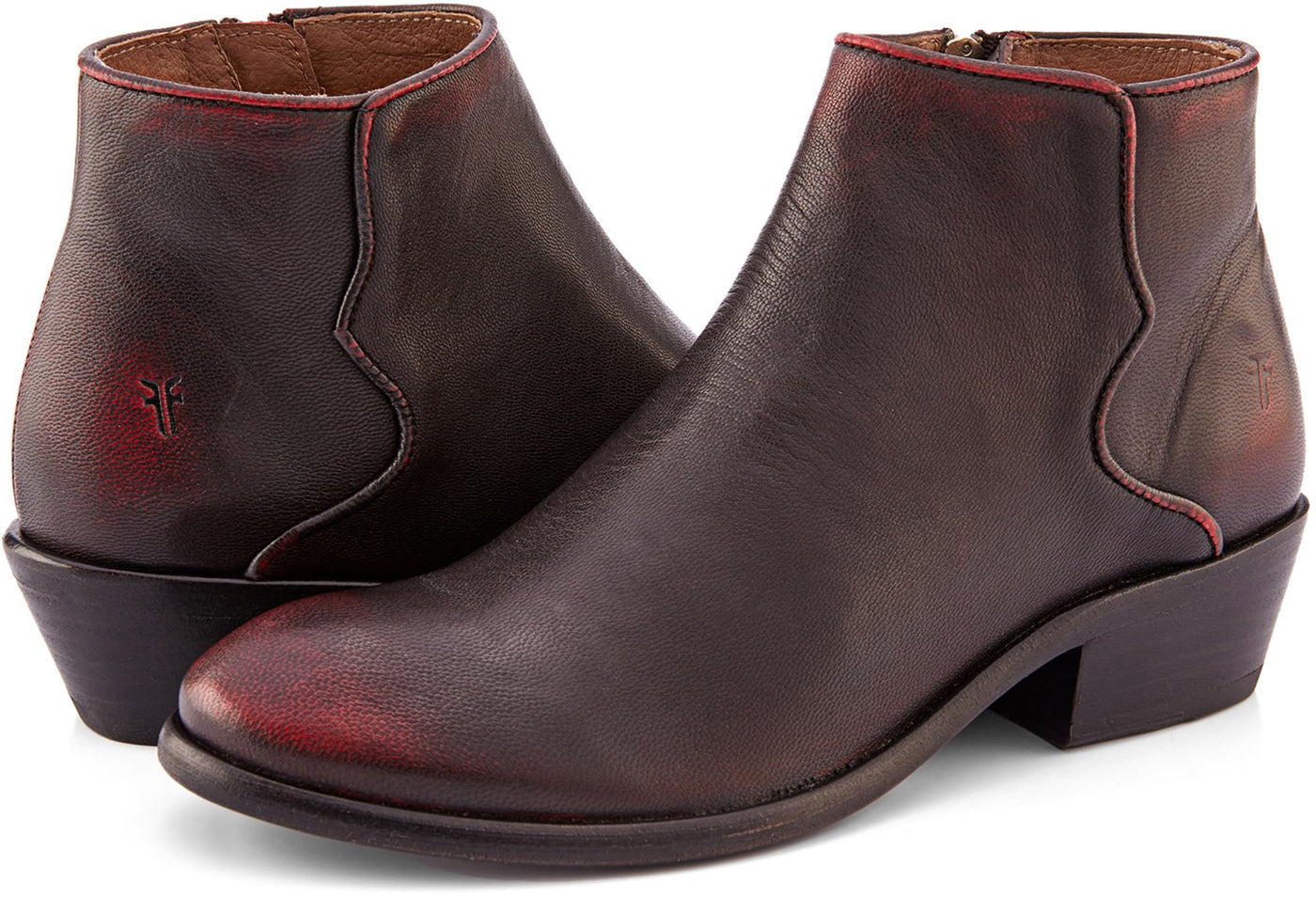 Frye Carson Piping Booties for Women Made from Soft Full-Grain Leather with Signature Western-Inspired Piping Detail and Supple Leather Lining – 4” Shaft Height, Black/Scarlet - Cabra Crust - 9.5M