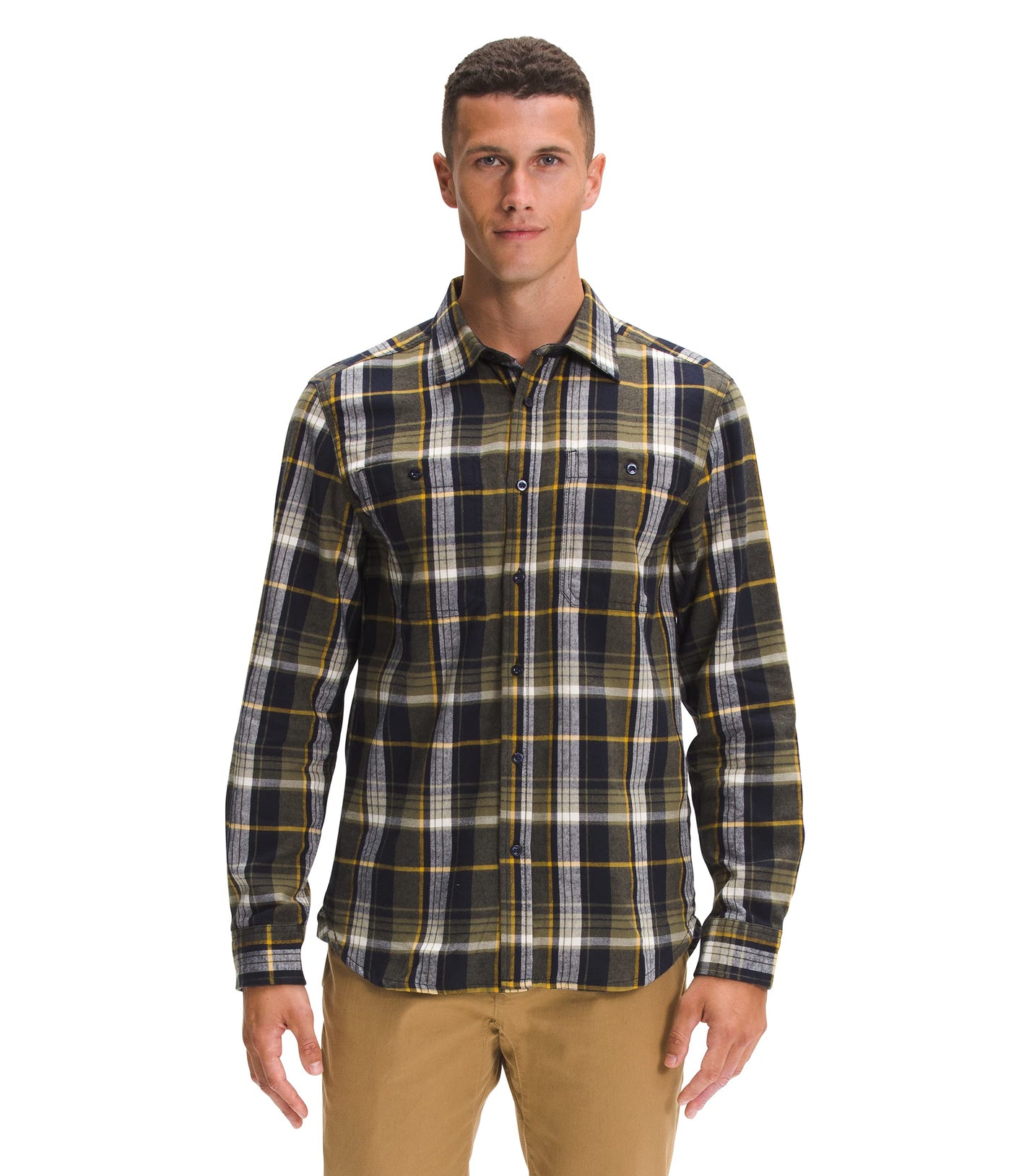 THE NORTH FACE Men's Arroyo Long Sleeve Flannel Button-Down Shirt, Burnt Olive Green Medium Half Dome Plaid, Large