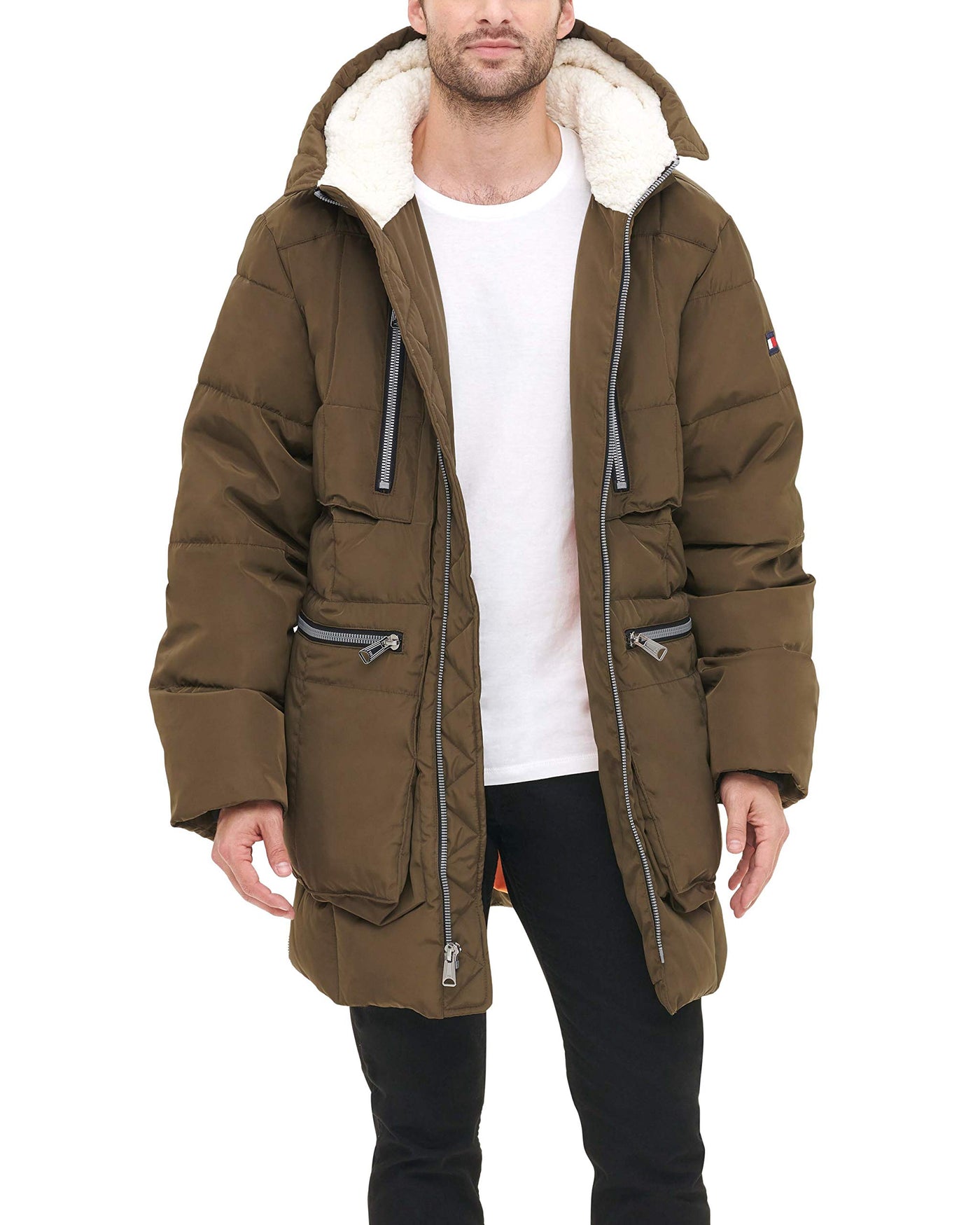 Tommy Hilfiger Men's Heavyweight Quilted Sherpa Hooded Parka, Army Green, Large