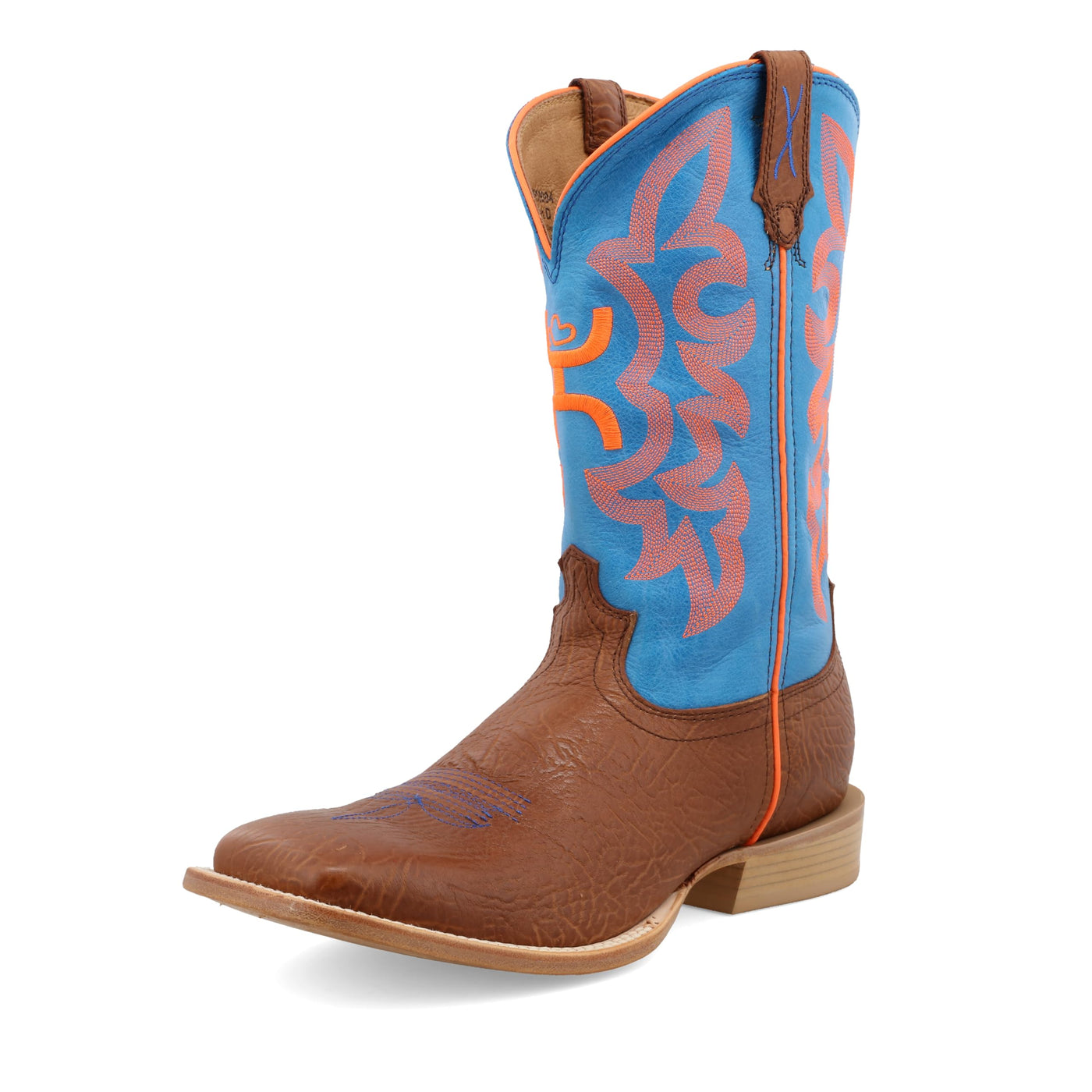 Twisted X Men's 12" Hooey Boot, New Wide Square Toe, Cognac Bullhide & Neon Blue, 11 EE