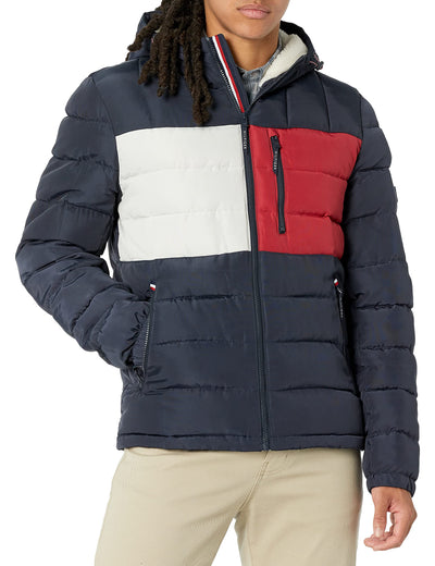 Tommy Hilfiger Men's Midweight Sherpa Lined Hooded Water Resistant Puffer Jacket, Tommy Flag Combo Tech, Large