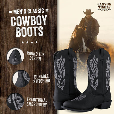 Canyon Trails Classic Cowboy Boots for Men - Footwear with Traditional Round Toe Men's Western Boots with Embroidery - Outdoor Water Repellent Durable Boots (Black - 12)