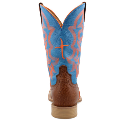 Twisted X Men's 12" Hooey Boot, New Wide Square Toe, Cognac Bullhide & Neon Blue, 11 EE