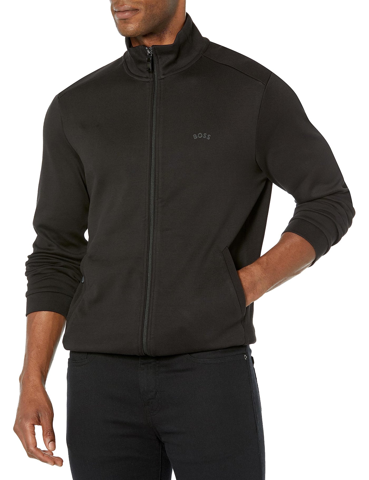 BOSS Mens Tonal Regular Fit Cotton Zip Up Sweatshirt, Basic Black, Small US