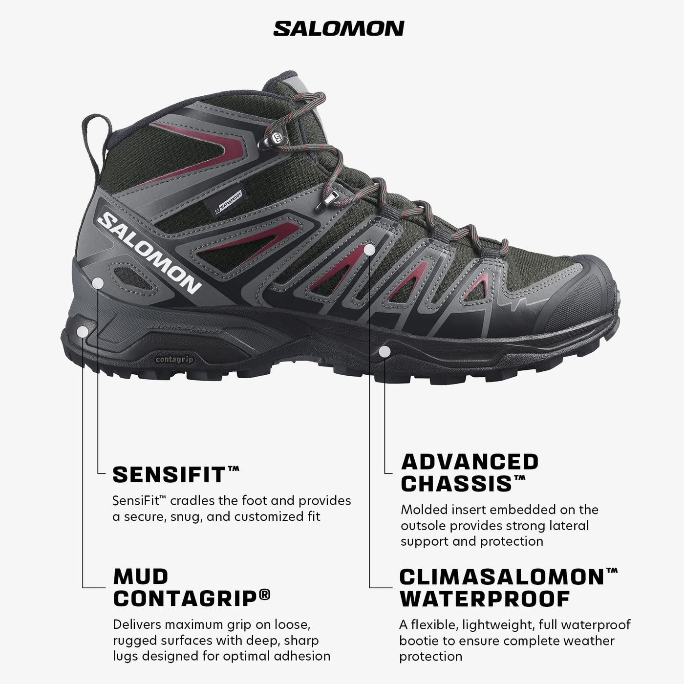 Salomon Men's X ULTRA PIONEER MID CLIMASALOMON™ WATERPROOF Hiking Boots for Men, Peat / Quiet Shade / Biking Red,14