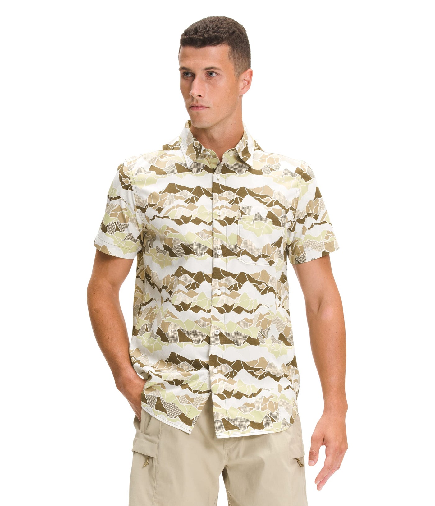 THE NORTH FACE Short Sleeve Baytrail Pattern Shirt - Men's Military Olive Mountain Camo Print, L