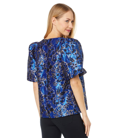 Lilly Pulitzer Pratt Short Sleeve Top Blue Grotto Twilight Floral Brocade MD