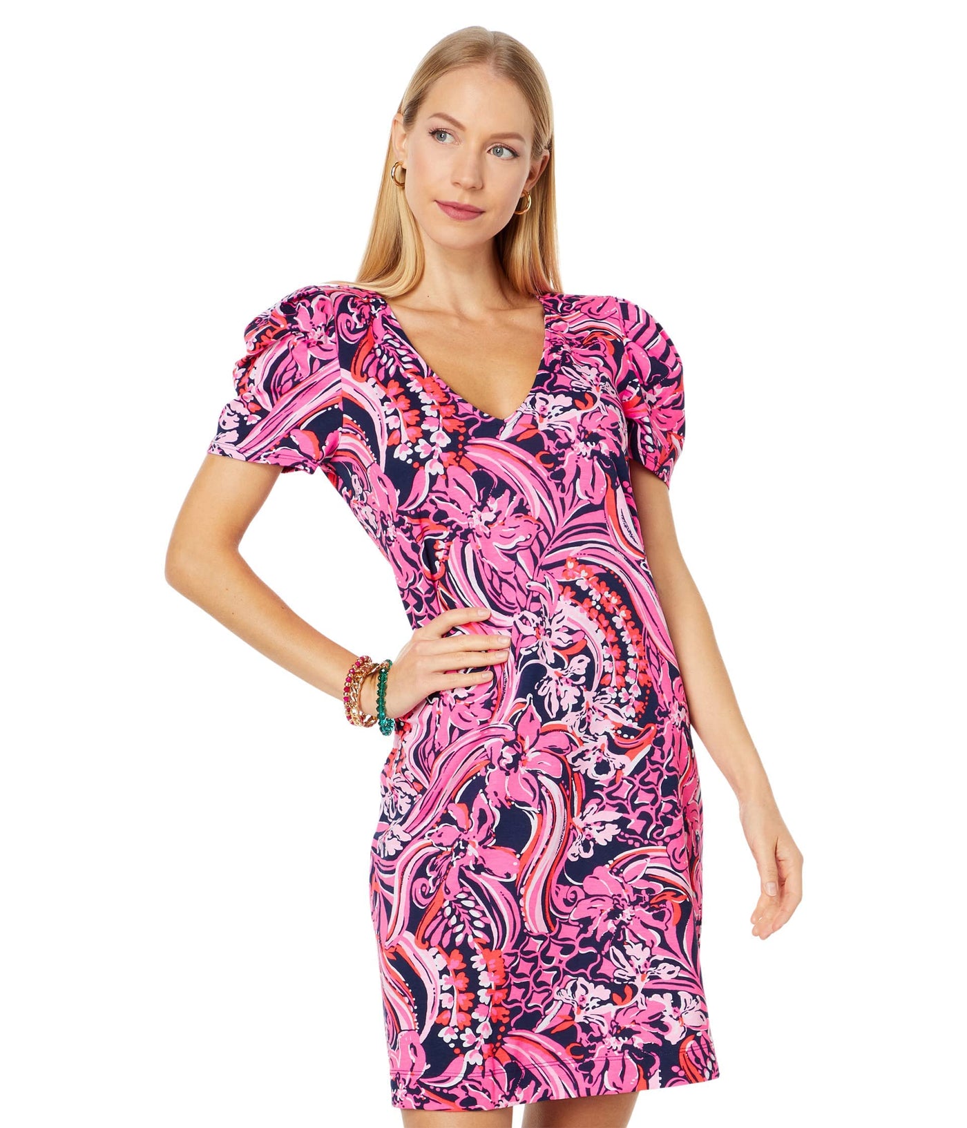 Lilly Pulitzer Aleece Dress for Women - Pima Cotton T-Shirt Dress with V-Neckline, Straight Fit, and Soft Jersey Fabrication Low Tide Navy Flirty Fins and Feathers SM One Size