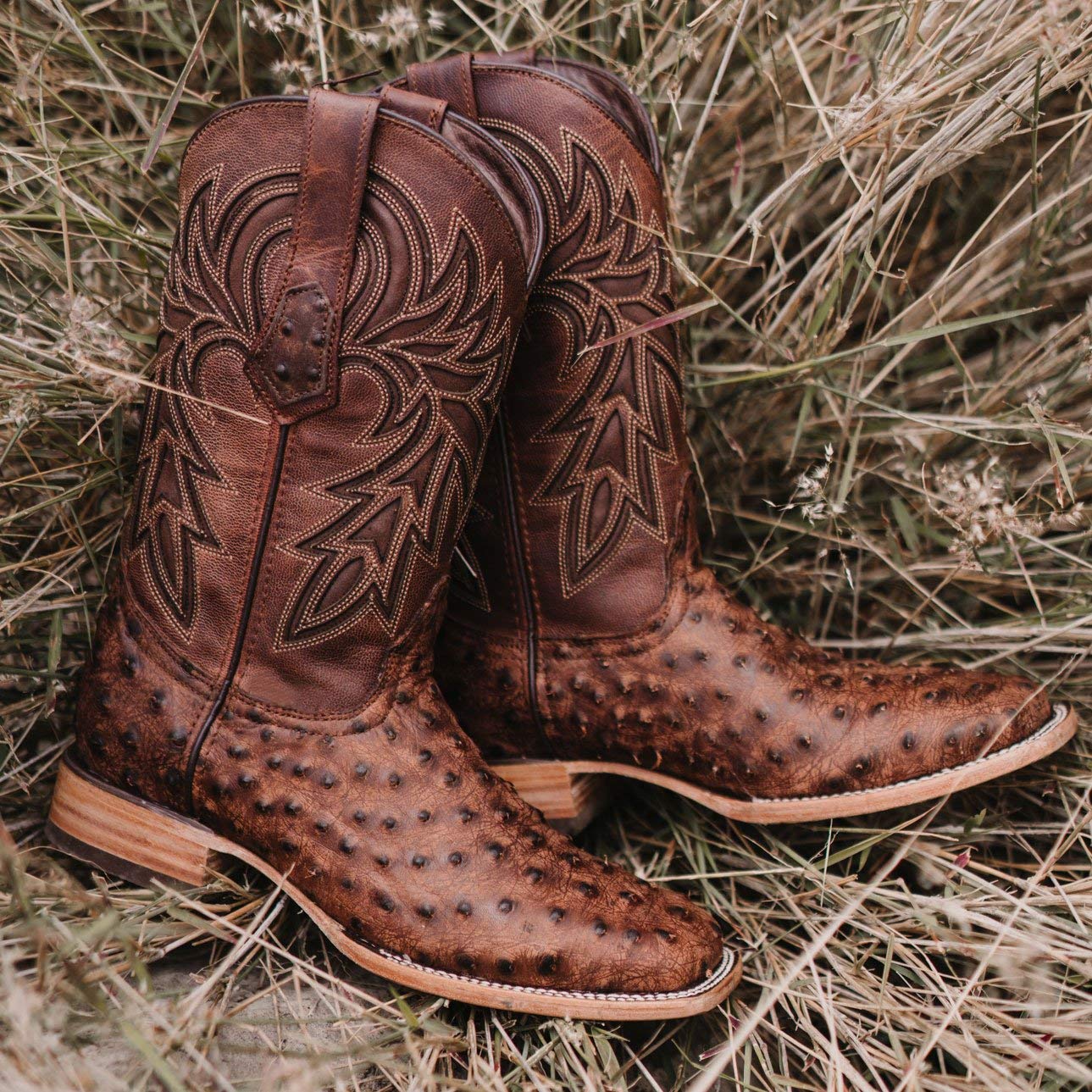 Soto Boots Men's Out of the Wild Ostrich Print Cowboy Boots, Exotic Print Men's Cowboy Boots, Western Boots For Men H50031 11 Cognac