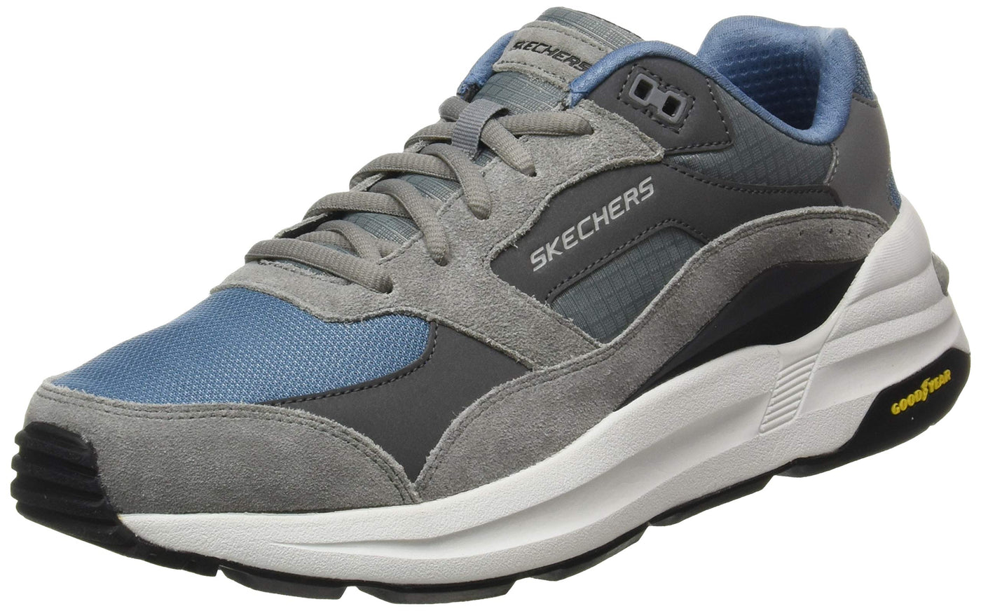 Skechers Men's Sneaker, Gray Leather Pu Blue Mesh Trim, 10