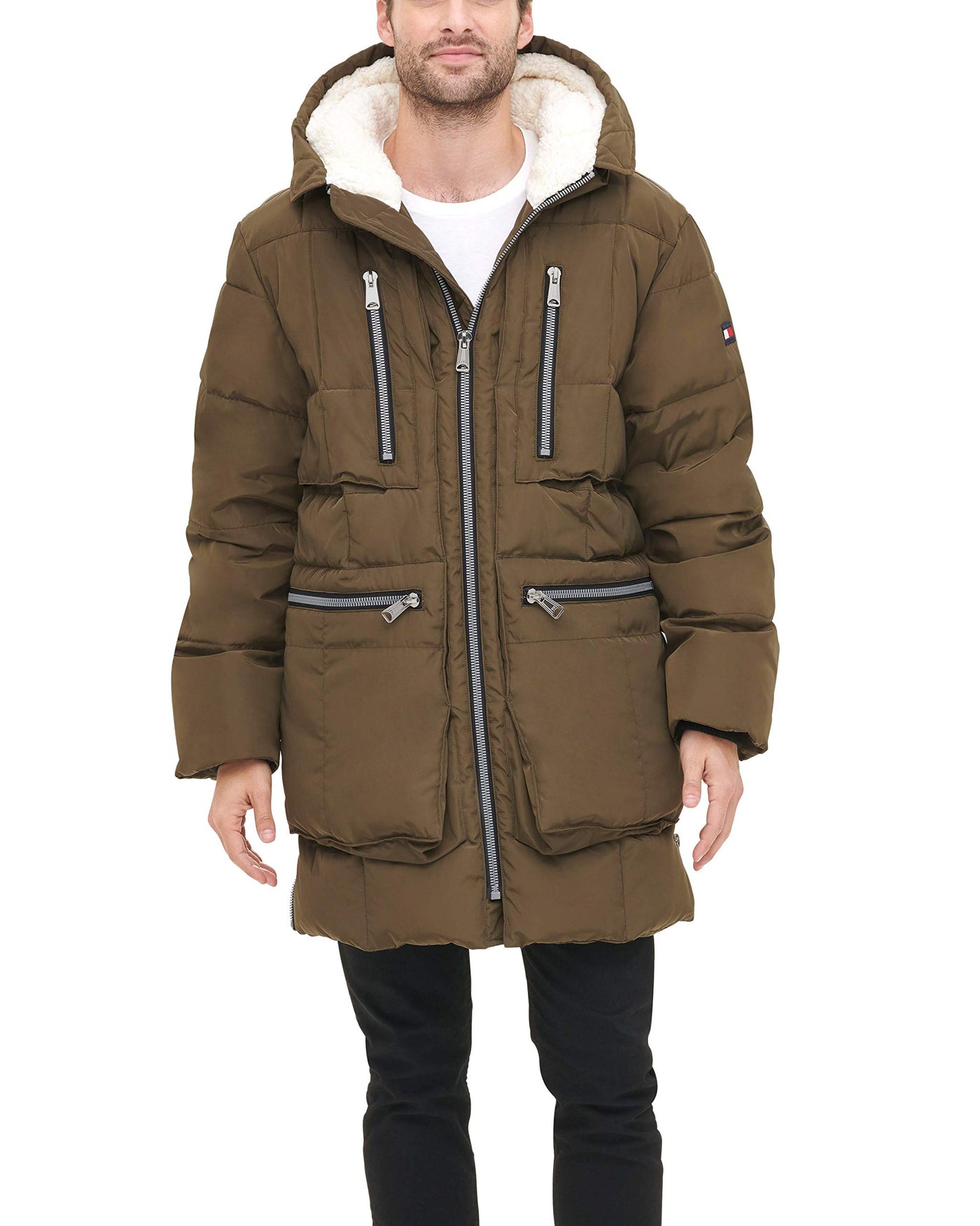 Tommy Hilfiger Men's Heavyweight Quilted Sherpa Hooded Parka, Army Green, Large