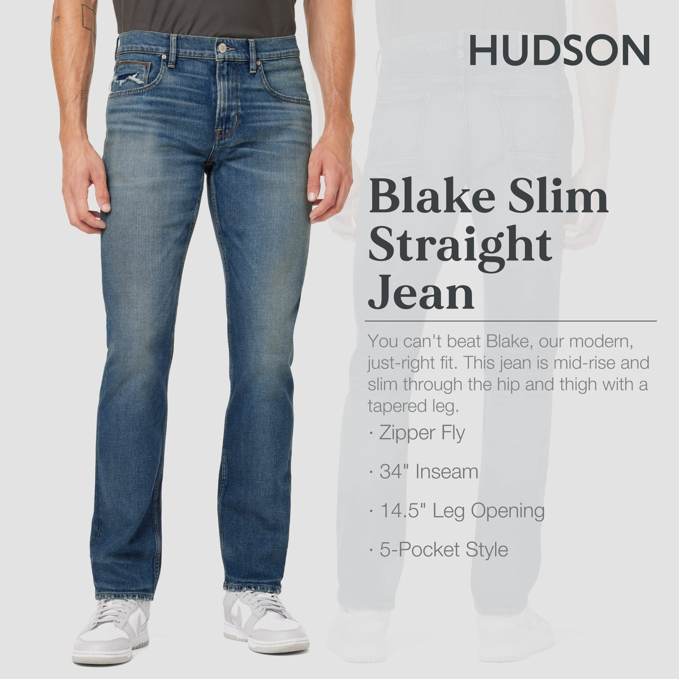 HUDSON Men's Blake Slim Straight Leg Jean, Unseen, 32W x 34L