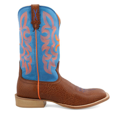 Twisted X Men's 12" Hooey Boot, New Wide Square Toe, Cognac Bullhide & Neon Blue, 11 EE